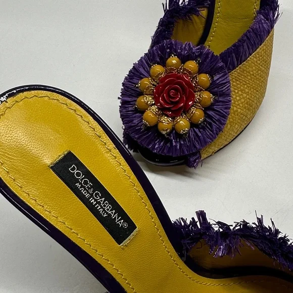 Dolce & Gabbana Keira Straw Mules Heels Open Toe Pumps Shoes Yellow Size EU 37 7 - Picture 10 of 13